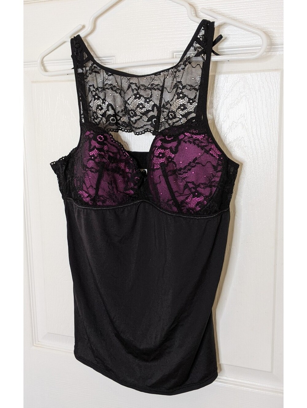 Vintage Fredericks Of Hollywood Black Lace Cami w/ Hot Pink Bra Cups Size XL
